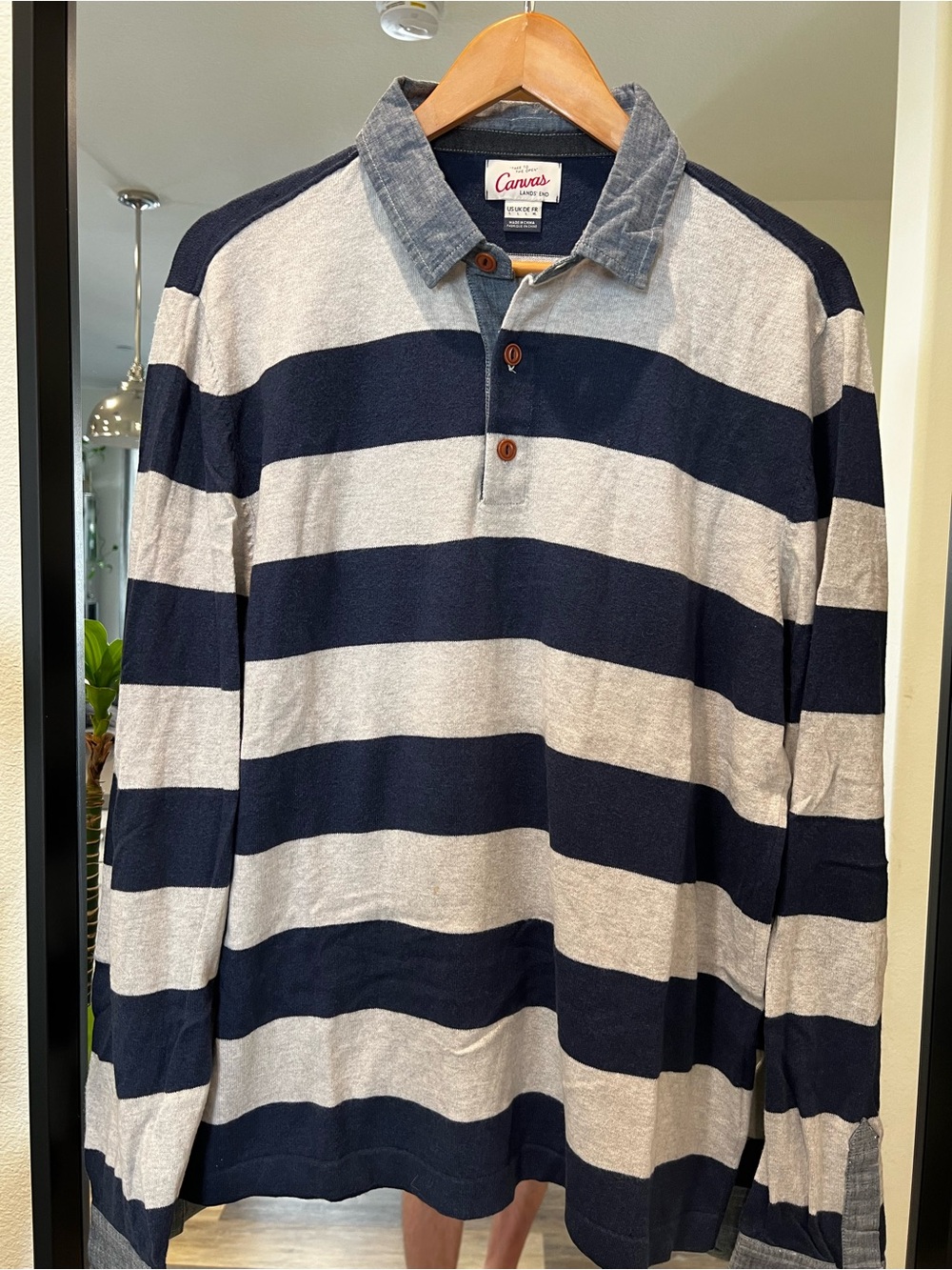 Lands End Canvas Men’s Navy and Gray Striped Long-Sleeve Rugby Shirt